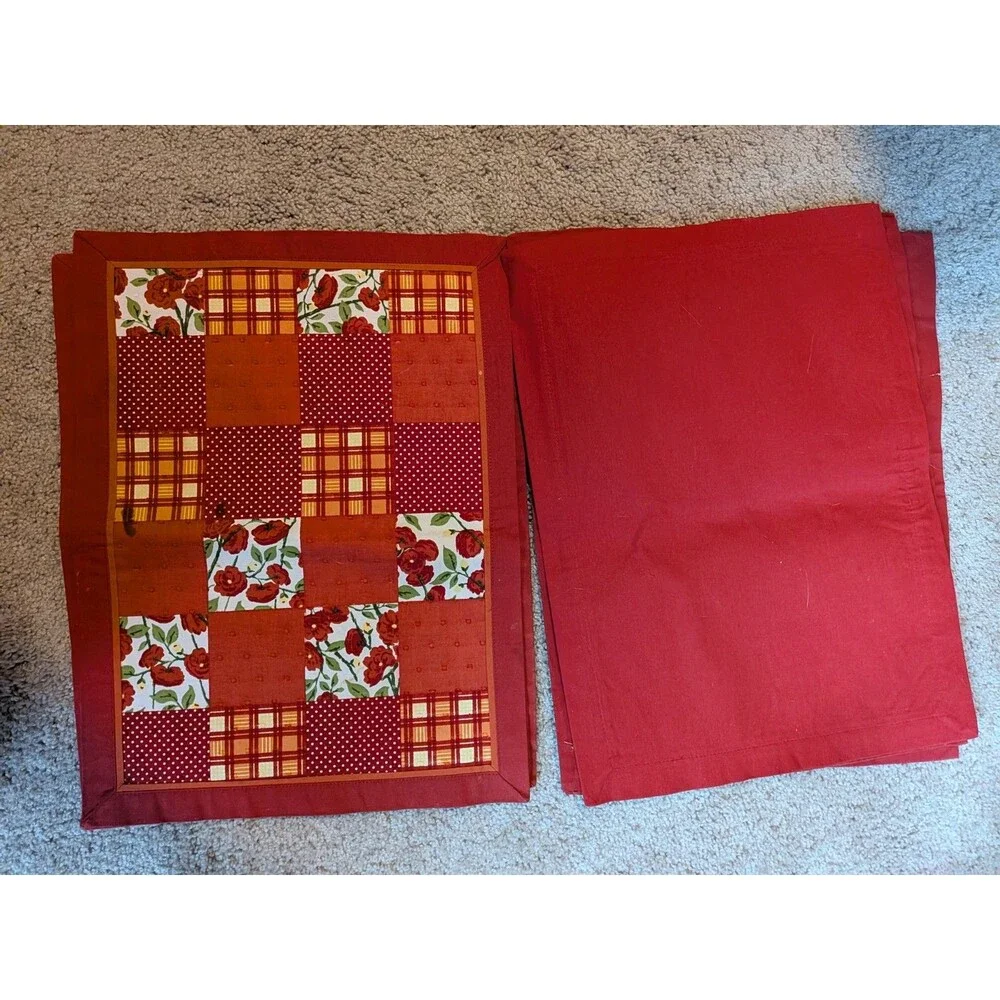 Red Patchwork Quilted Placemats Floral Polka Dot Plaid Set Of 8 14